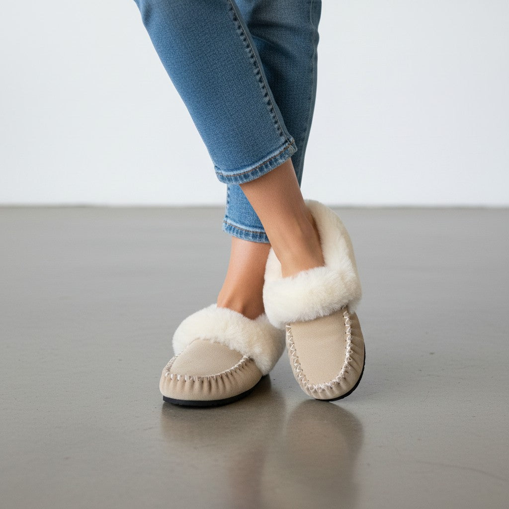 The Skin Thing HUGLIE sheepskin moccasins in tan suede with white fluffy lining and white stitching detail.