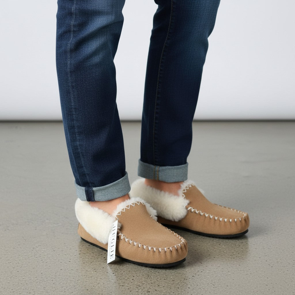 The Skin Thing HUGLIE sheepskin moccasins in tan suede with white fluffy lining and white stitching detail.
