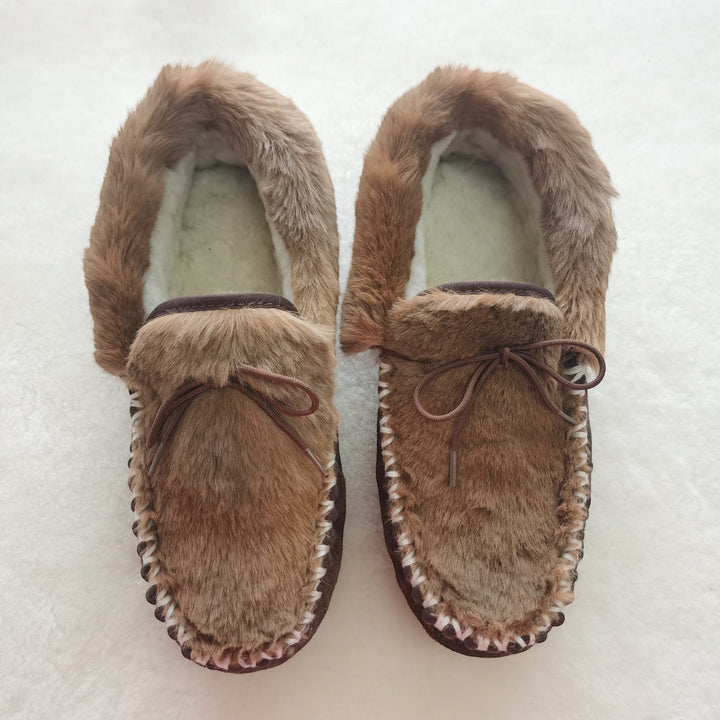 The Skin Thing HUGLIE Kangaroo Moccasins, brown suede and fur slippers with wool lining and rubber sole.
