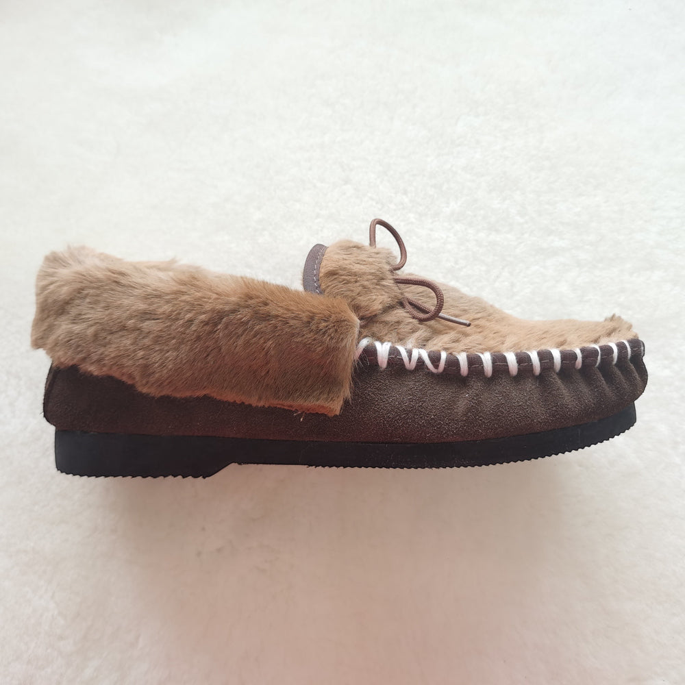 The Skin Thing HUGLIE Kangaroo Moccasins, brown suede with fur trim and white stitching. Slip-on style.