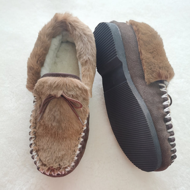 The Skin Thing HUGLIE Kangaroo Moccasins in brown suede with fur trim and wool lining. Handstitched detail.