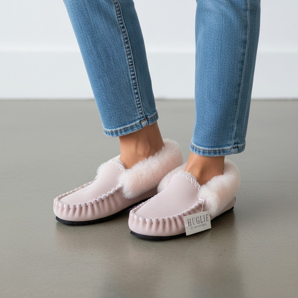 The Skin Thing HUGLIE pink sheepskin moccasins with white stitching and fluffy trim. Lightweight EVA sole.