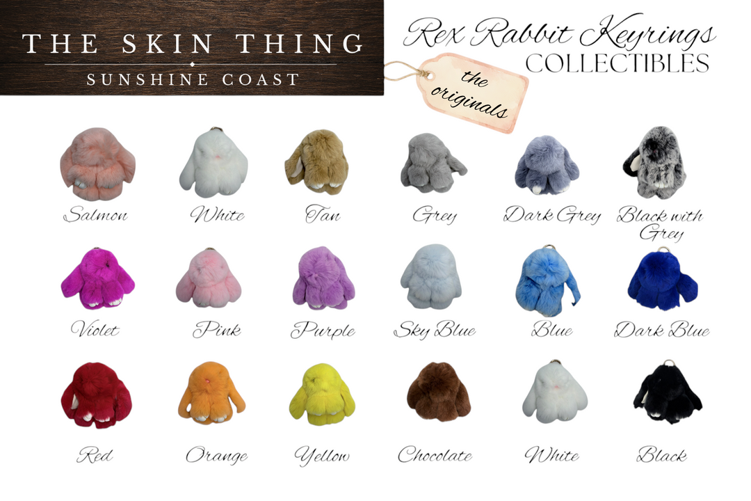 The Skin Thing rex rabbit fur keyrings in a variety of vibrant colours, featuring soft, fluffy animal designs.