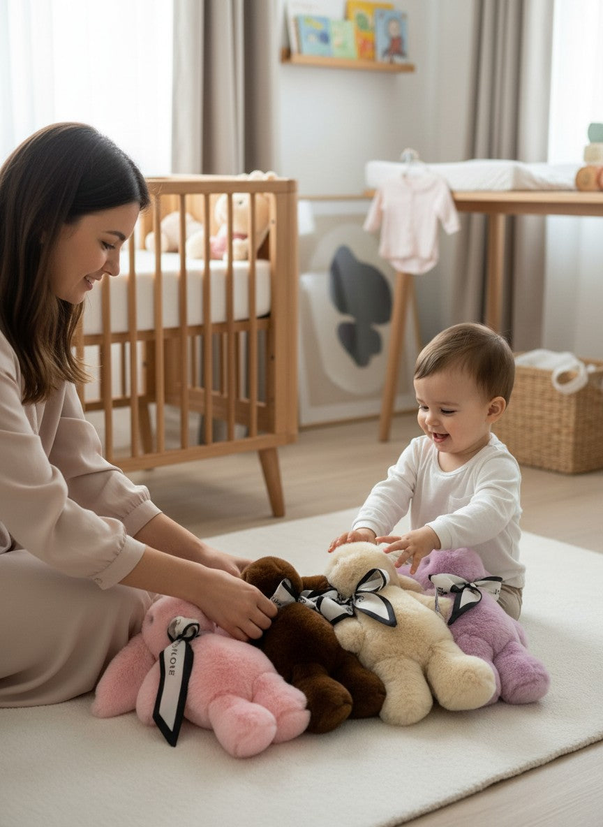 The Skin Thing Rex Rabbit plush toys in pink, brown, cream, and lilac, made from genuine Rex Rabbit fur, tied with a black and white ribbon.