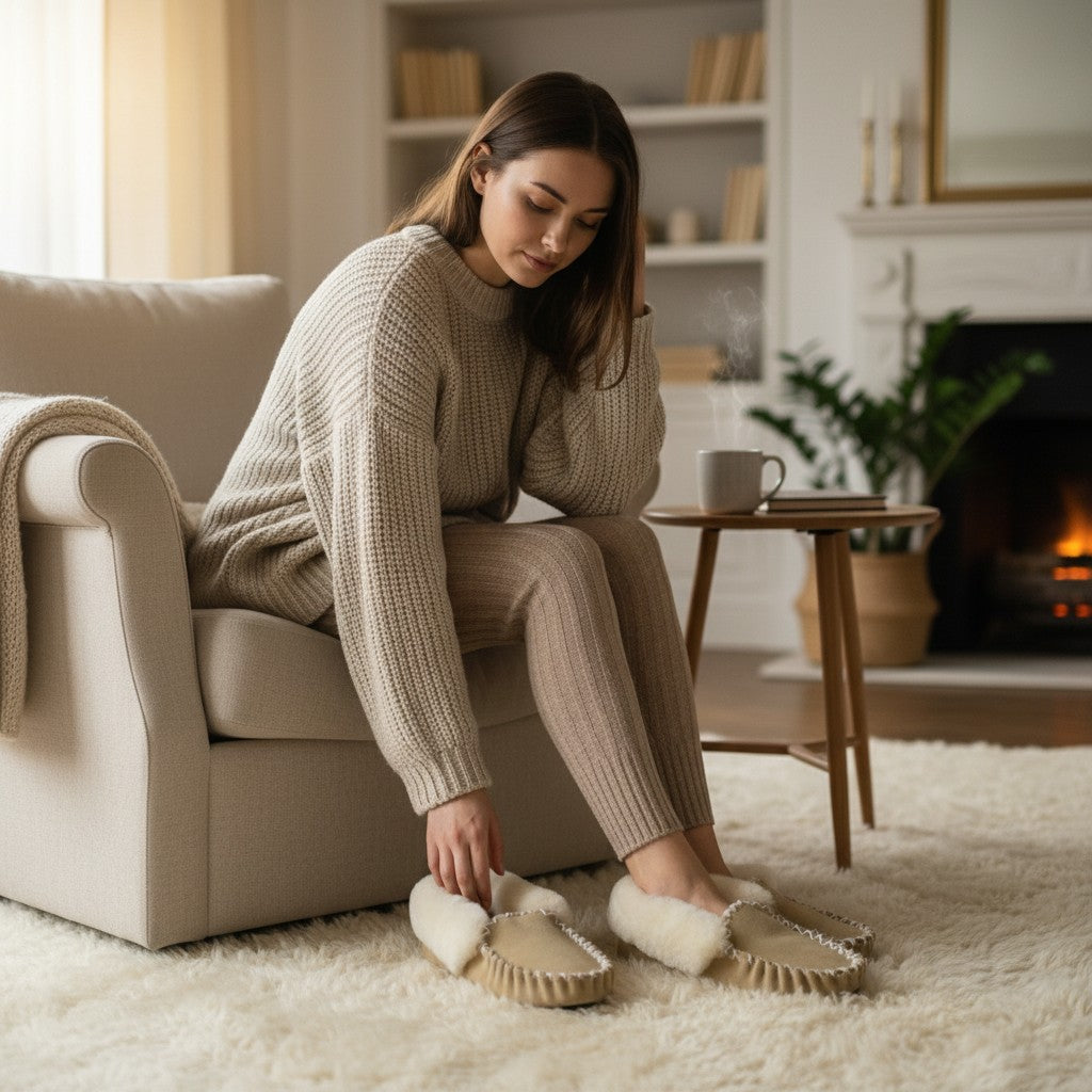 The Skin Thing tan sheepskin moccasin slippers with white stitching and fluffy lining, resting on a fur rug.